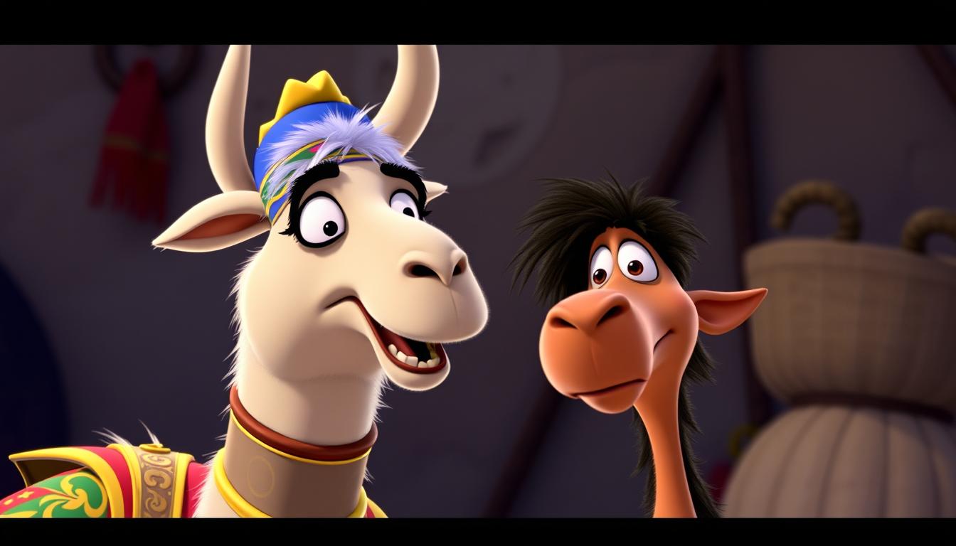 The Emperor's New Groove featuring Kuzco as a llama and Pacha in a comedic scene