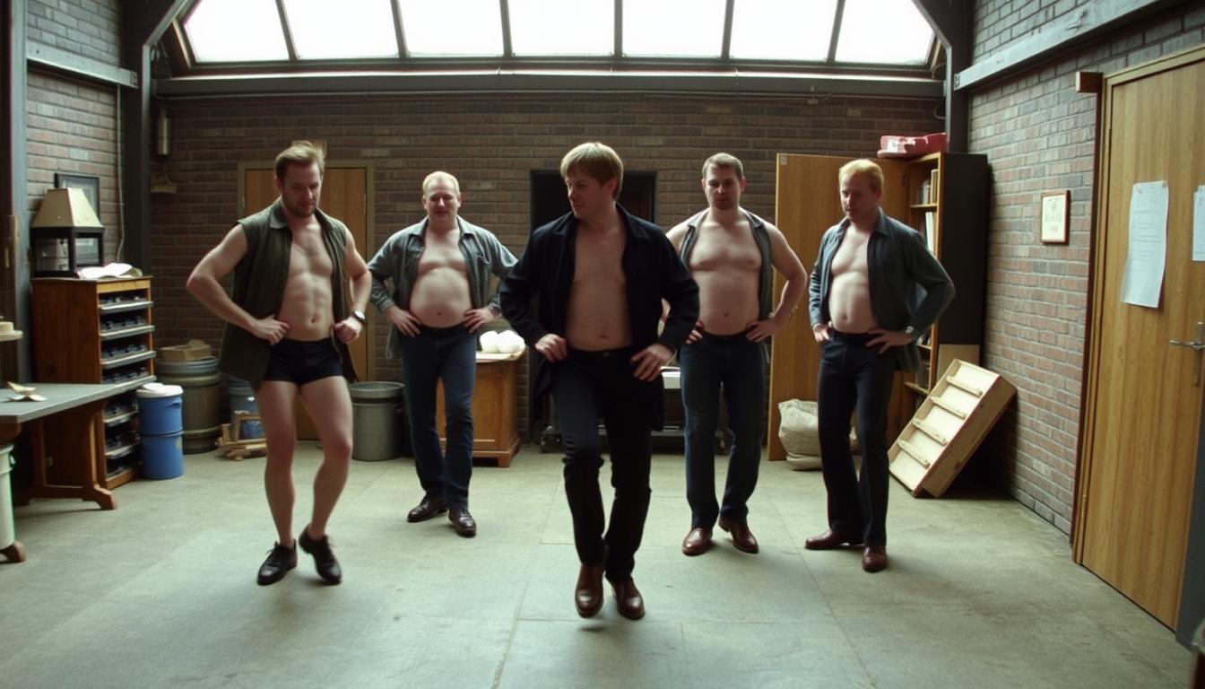 The Full Monty showing the main cast in a comedic dance rehearsal