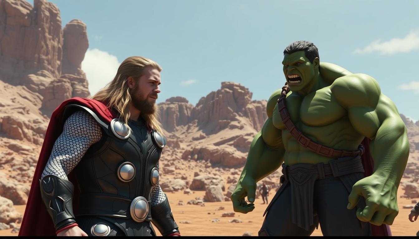 Thor: Ragnarok showing Thor and Hulk in a comedic interaction